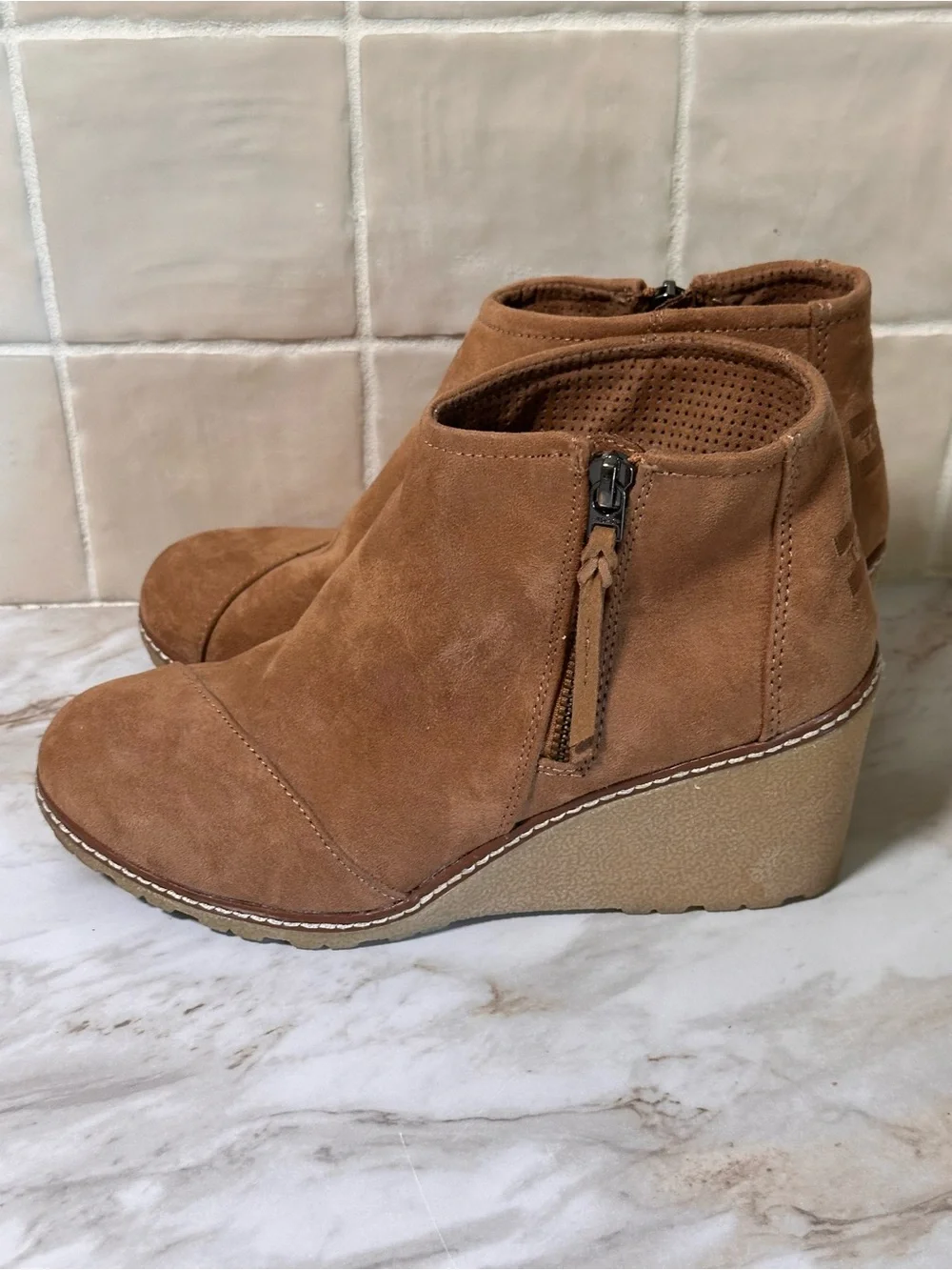 TOMS Avery Wedge Booties / microfiber suede. Size 8